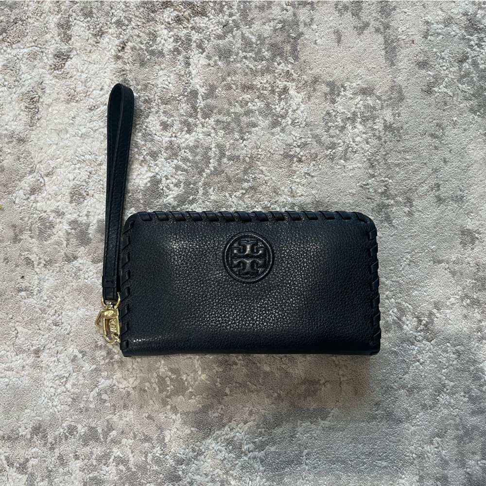 Tory Burch Womens Black Leather Marion Multi Zip Continental Wristlet Wallet